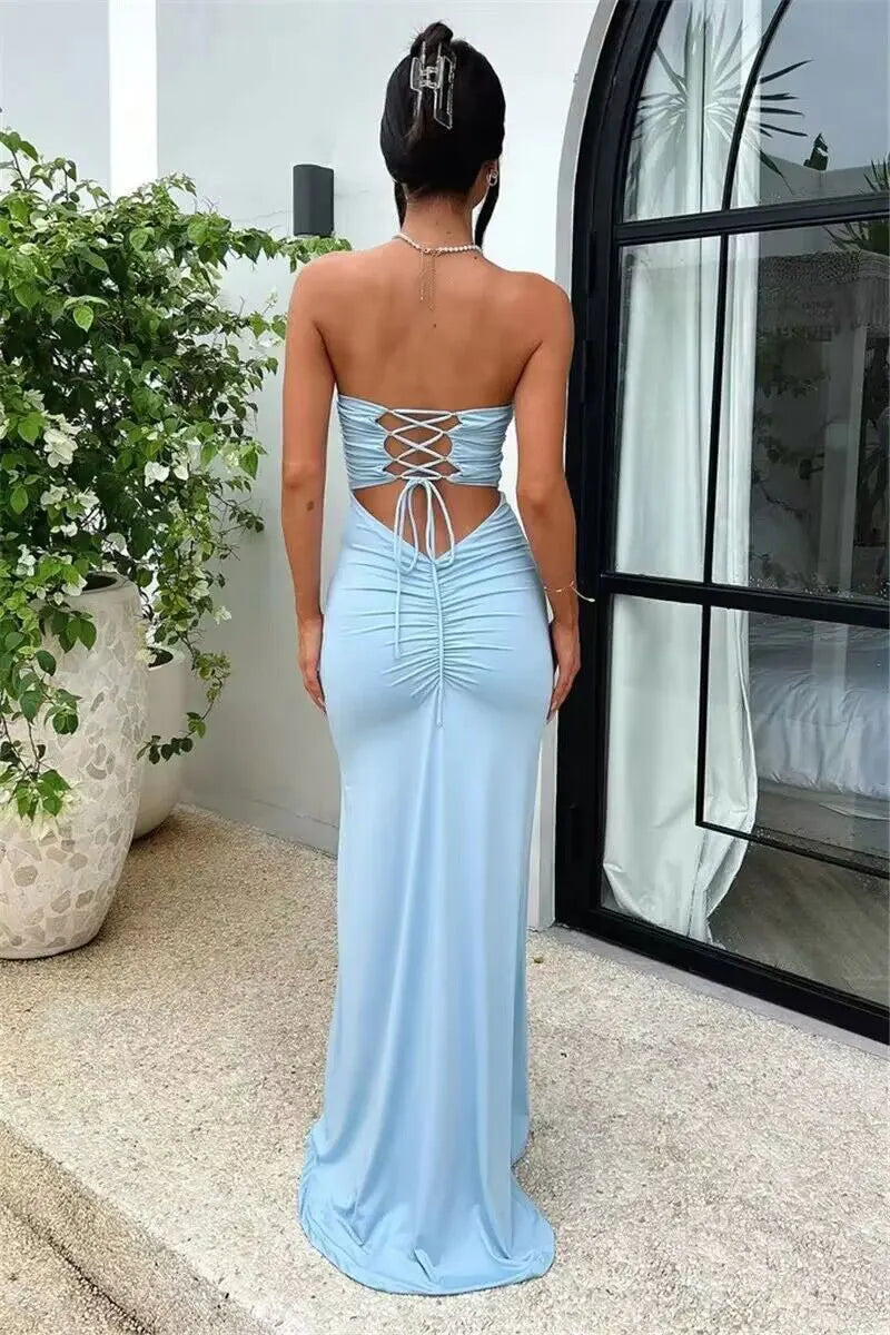 Strapless Backless Lace-up Maxi Dress