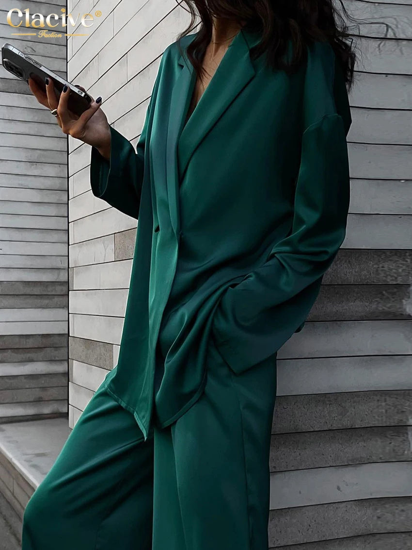 Clacive Fashion Long Sleeve Blazer Two Piece Sets Women Outifits Casual Loose Office Pants Set Elegant Green Satin Trouser Suits