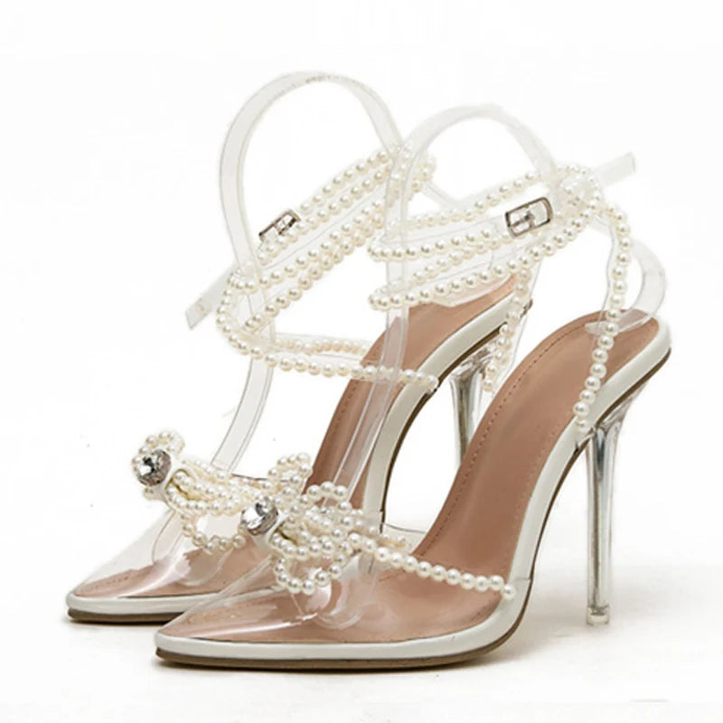 Liyke Sexy White String Bead Women Transparent High Heels Summer Fashion Butterfly-Knot Clear Sandals Pointed Toe Shoes Pumps