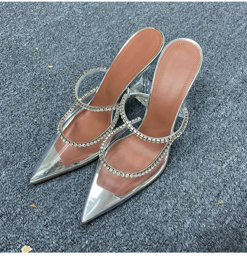 2024 Rhinestones satin Women Pumps Slippers Elegant Pointed toe High heels Lady Mules Sildes Summer Fashion Party prom Shoes