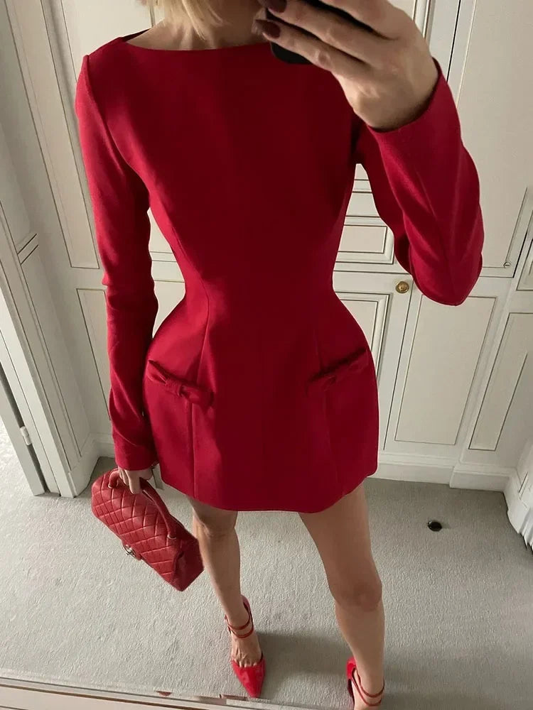 TARUXY Bows Splice Long Sleeve Mini Dress Elegant Office Woman Solid Bodycon Club Party Dresses 2024 Autumn High Waist Fashion