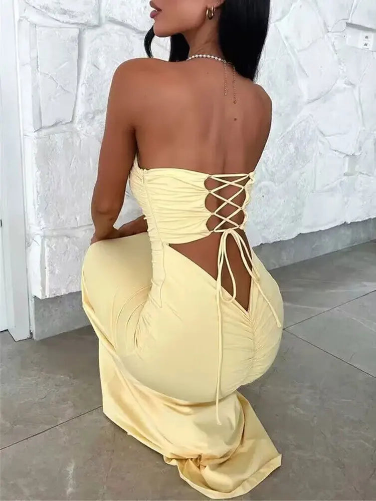 Strapless Backless Lace-up Maxi Dress