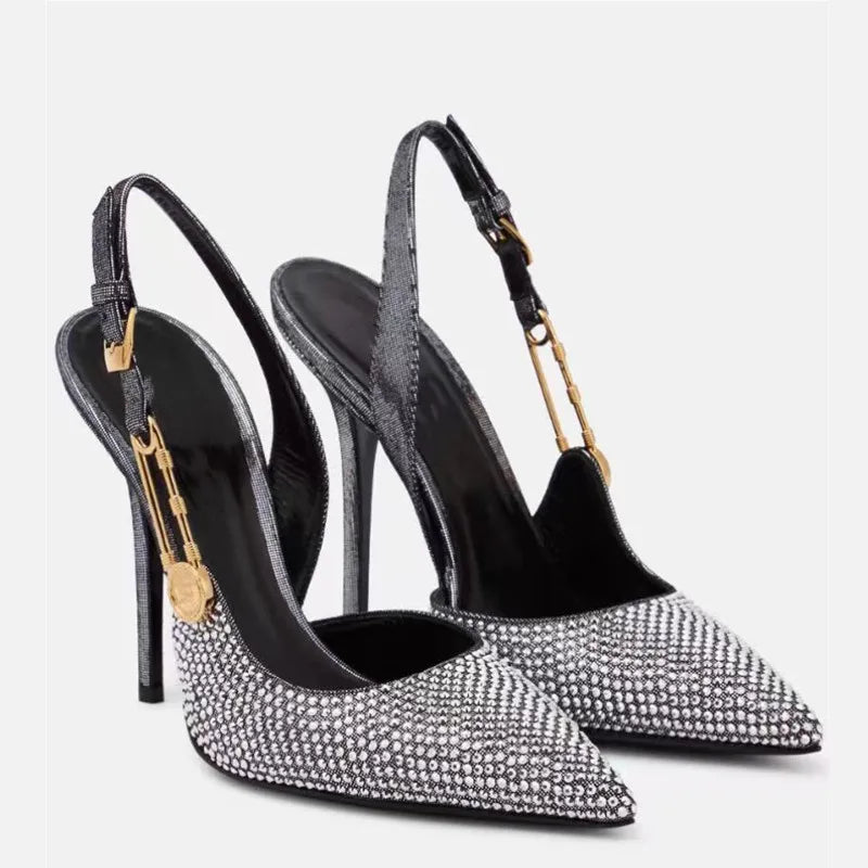 Luxury Rhinestones Sequined Buckle Women Pumps Elegant Pointed toe Slingbacks Stiletto High heels Spring Summer Fashion Shoes