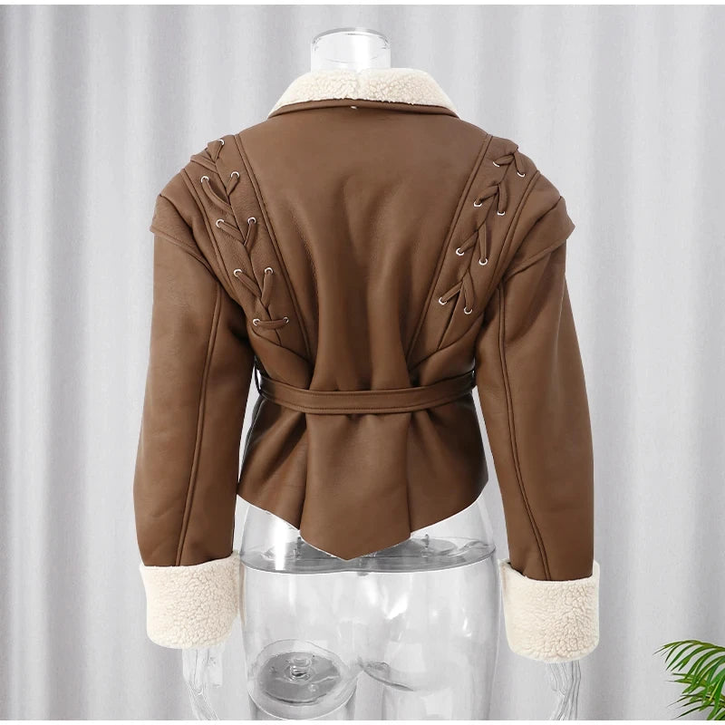 TRAFZA Female Street Leather Jacket 2024 Autumn Women's Versatile Brown Long Sleeves V-neck Single Breasted Lace-up Causal Coats