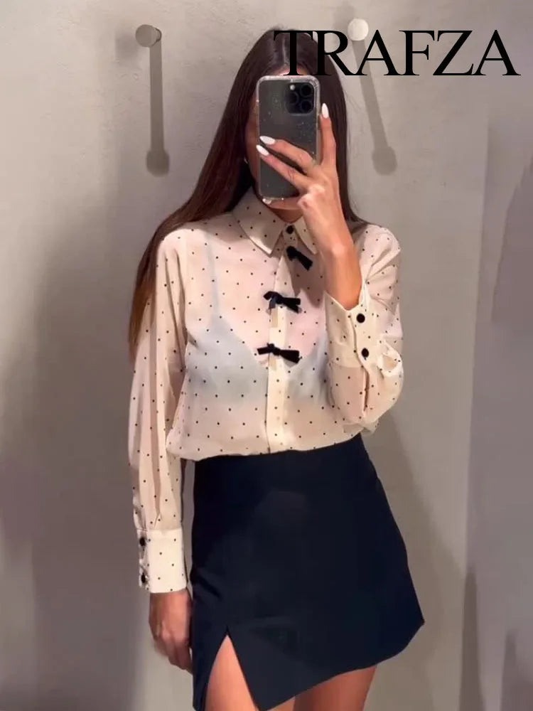 TRAFZA Autumn Fashion Women Blouses Pink Turn-Down Collar Long Sleeve Bow Decorate Single Breasted Female Casual Chic Shirts