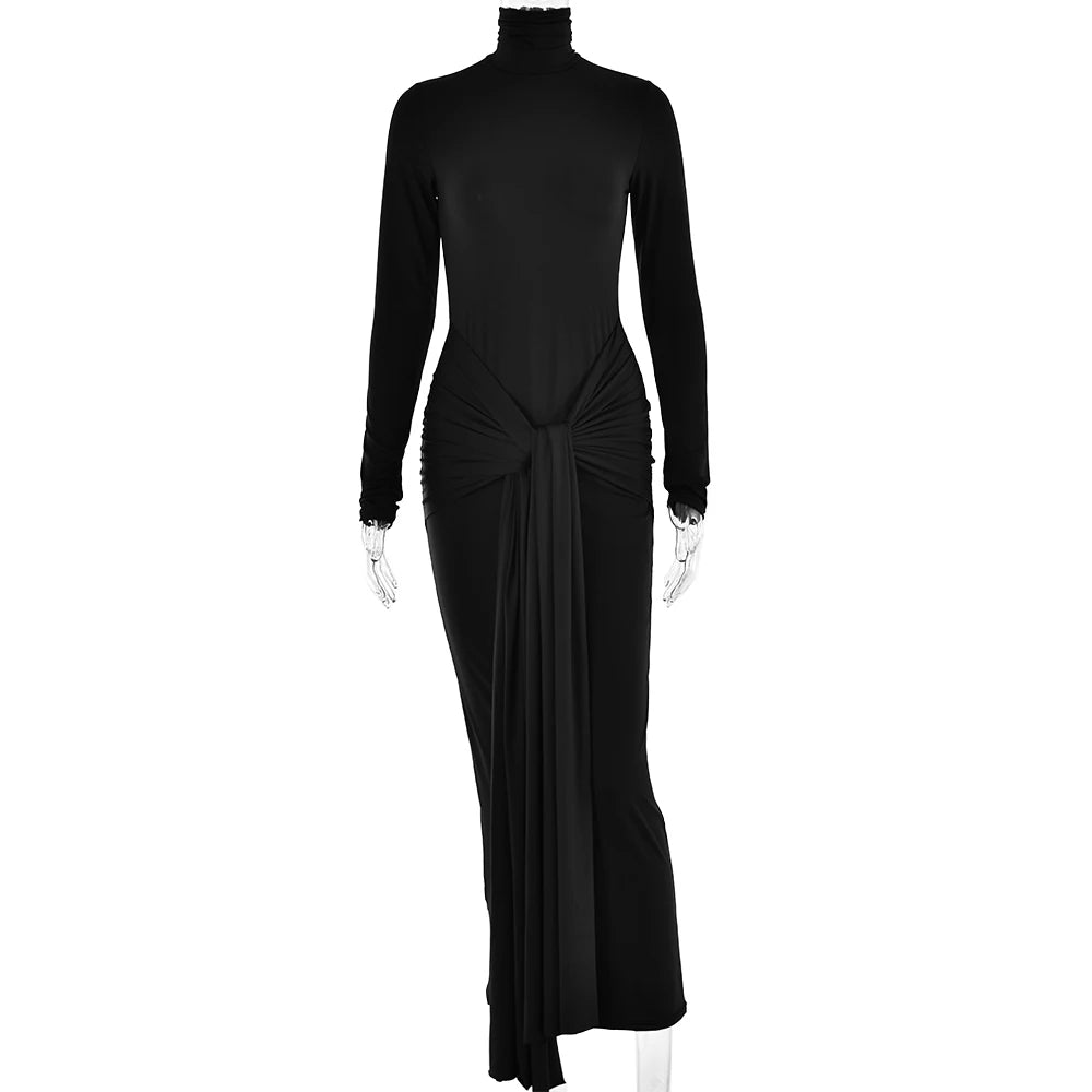 Articat High Neck Long Sleeve Bodycon Dress For Women Tight Elastic Lace Up Maxi Long Dress Autumn 2023 New Party Club Vestidos