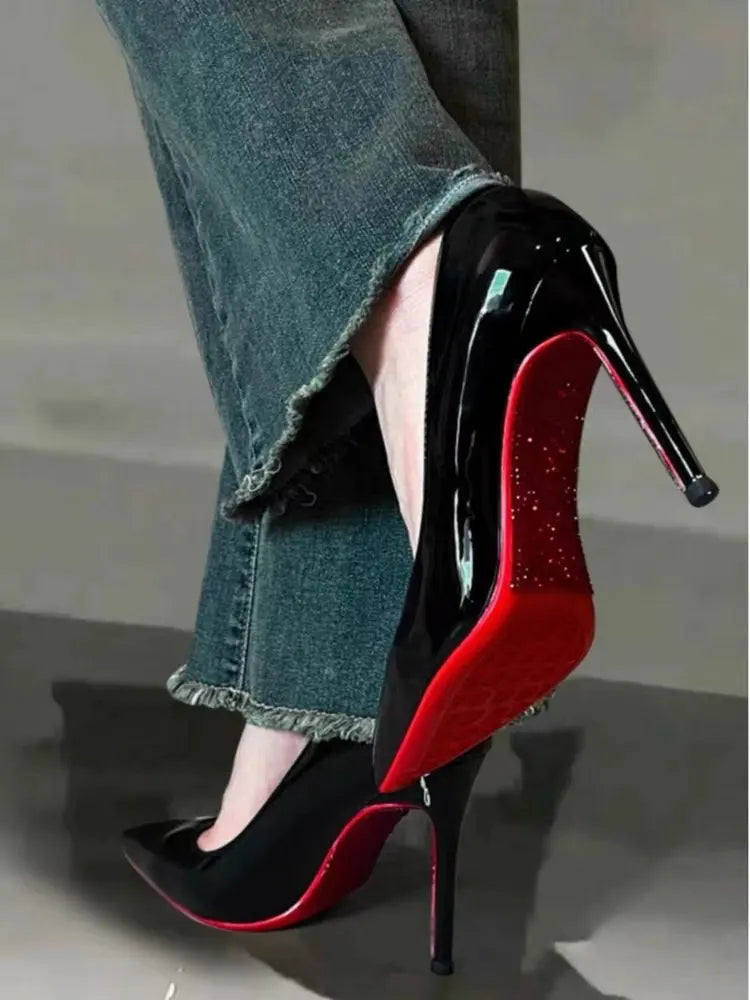 Rhinestone Red Bottom High Heels Female Large Size Single Shoes Spring Autumn Pointed Thin Heel Party Stiletto Zapato De Tacon