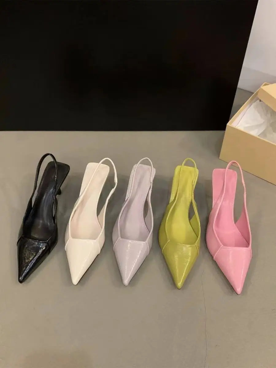 Fashion soft leather high heels women's slender heel  spring and summer new pointed toe single shoes back empty women's shoes