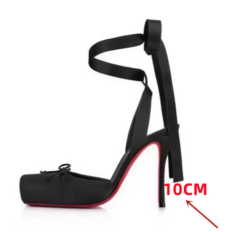 2025 Women's New Summer Square Satin High Heel Sandals with Ankle Strap, Fashionable Party and Banquet Ballet High Heels