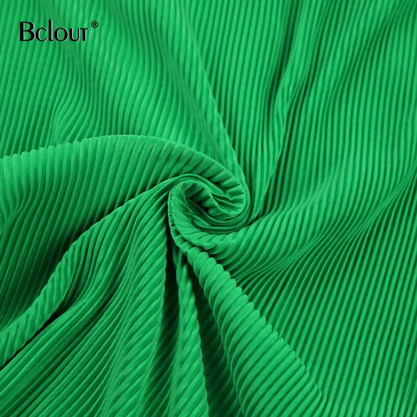 Bclout Green Pleated Sexy Dress Women High Waist Fashion Sashes Shirt Dresses Elegant Party Single Breasted Mini Dress Vintage