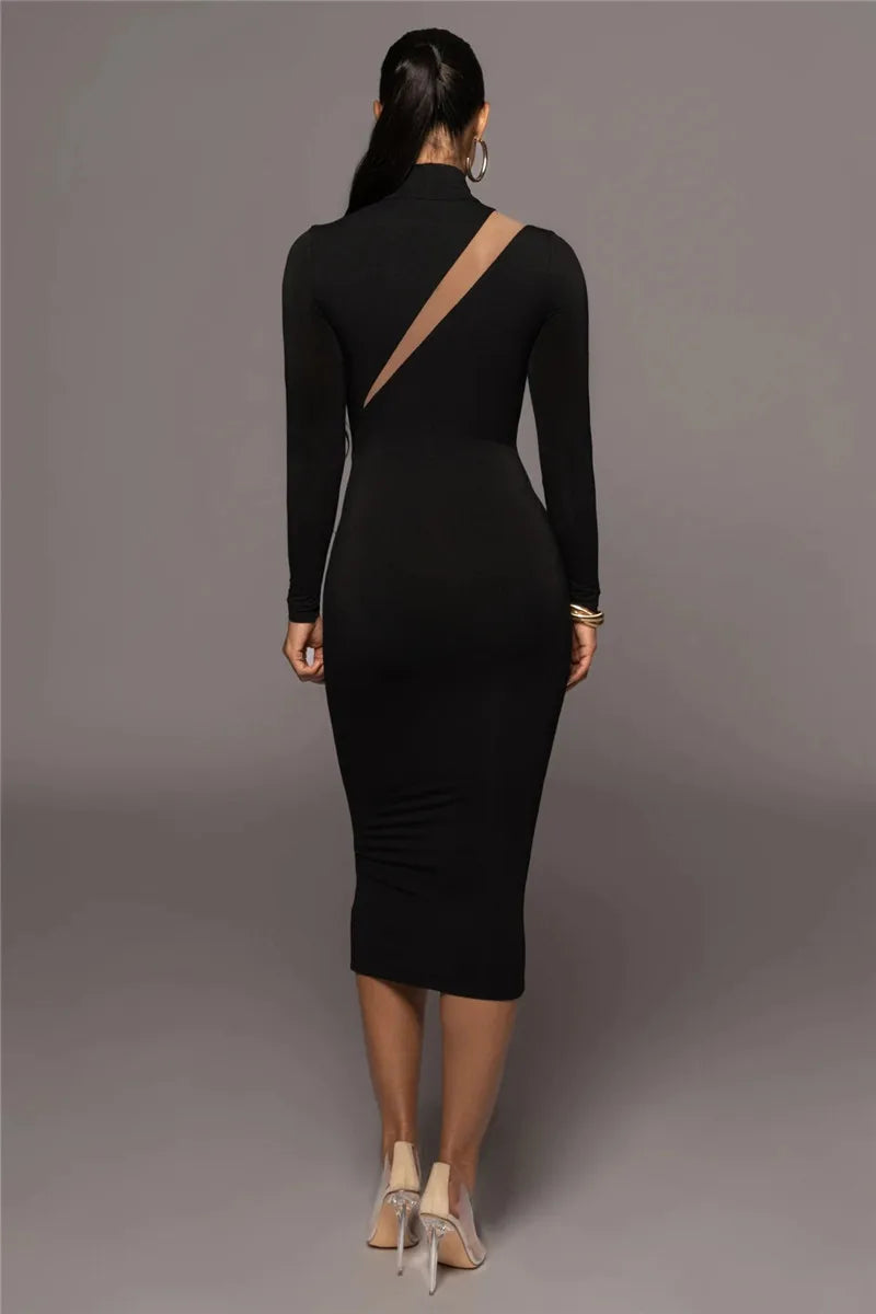 Mozision Elegant Long Sleeve Bodycon Sexy Maxi Dress For Women Autumn Winter Fashion Half High Collar Club Party Sexy Long Dress