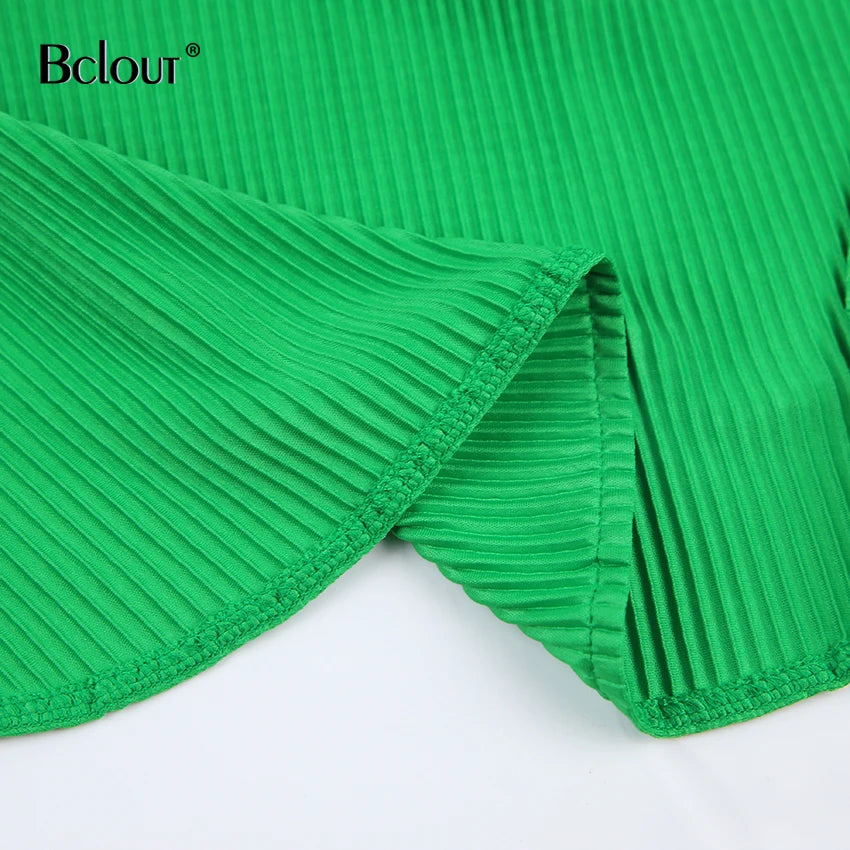 Bclout Green Pleated Sexy Dress Women High Waist Fashion Sashes Shirt Dresses Elegant Party Single Breasted Mini Dress Vintage