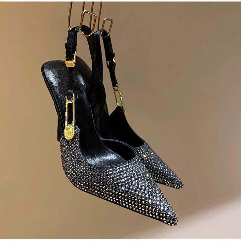 Luxury Rhinestones Sequined Buckle Women Pumps Elegant Pointed toe Slingbacks Stiletto High heels Spring Summer Fashion Shoes