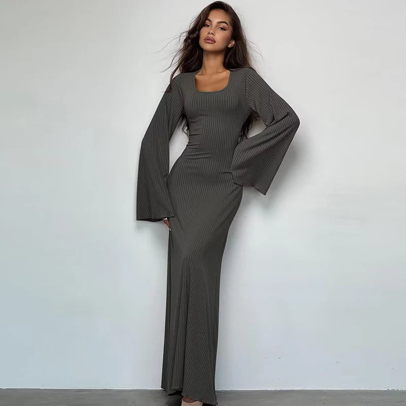 Dulzura Solid Ribbed Trumpet Sleeves Maxi Dress Back Lace-Up Straps Elegant Casual 2023 Autumn Winter For Women Birthday