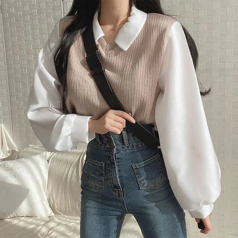 Summer Blouse Women Korean Style False Two-piece Polo Collar Blouses Y2k Tops Streetwear Loose Youth Pullovers Elegant Shirt