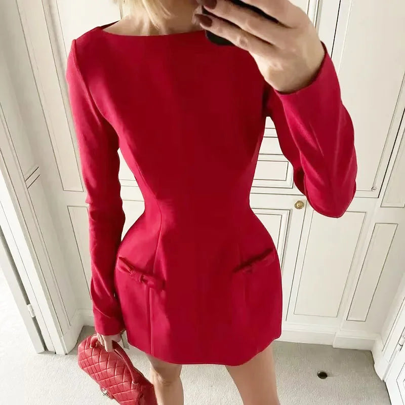 TARUXY Bows Splice Long Sleeve Mini Dress Elegant Office Woman Solid Bodycon Club Party Dresses 2024 Autumn High Waist Fashion