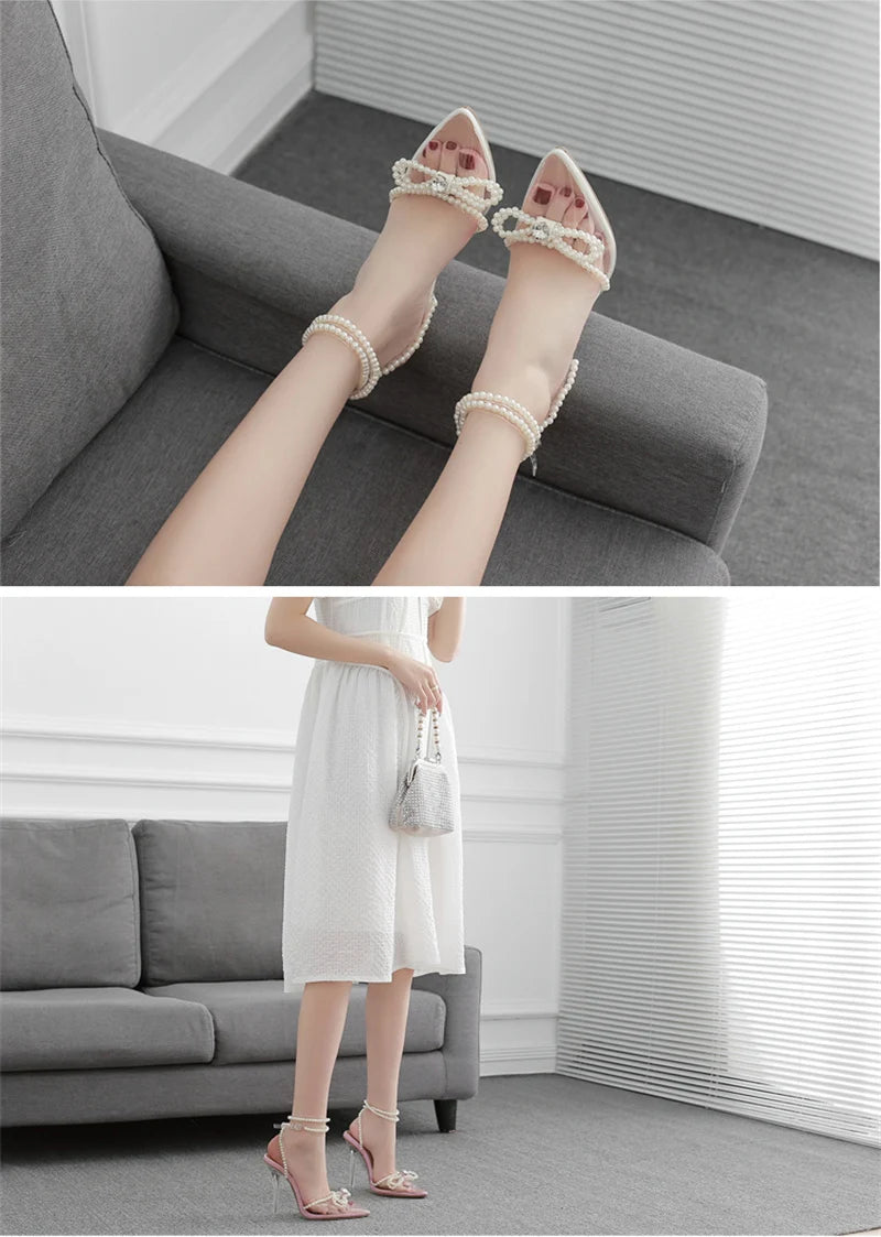 Liyke Sexy White String Bead Women Transparent High Heels Summer Fashion Butterfly-Knot Clear Sandals Pointed Toe Shoes Pumps