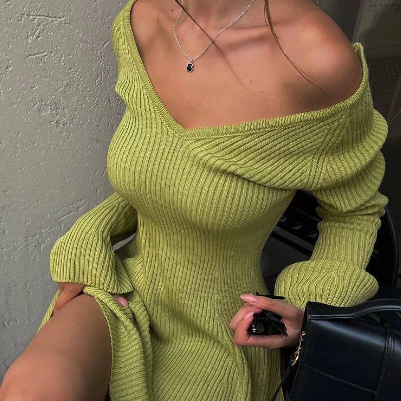 TARUXY Autumn Winter Sweater Dress Sexy Off-Shoulder Women's A-Line Hem Elegant Rib Knit Mini Dresses Long Sleeve Higt Waisted