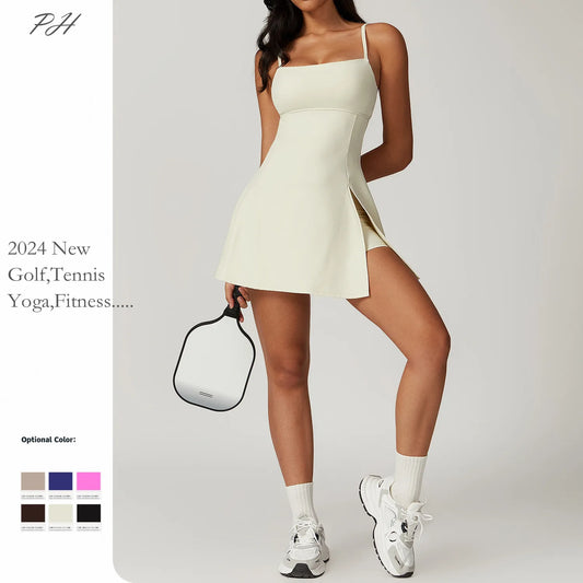 Women's Tennis Golf Dress Yoga Sport Skirts Sexy Sleeveless Bodysuit With Shorts Badminton Sport Outfit Fitness Gym Clothes