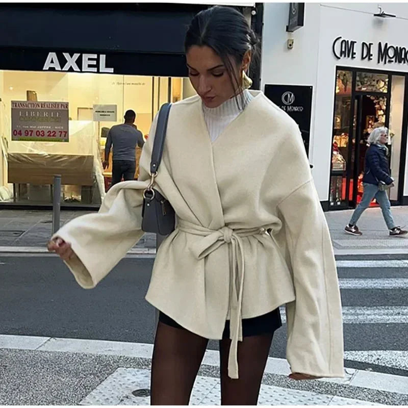 Solid Women's Slim Coat Elegant V-neck Belts Chic Long Sleeve Jacket Casual 2024 Autumn Lady Office Street Lady Outerwear Tops