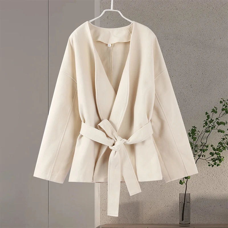 Solid Women's Slim Coat Elegant V-neck Belts Chic Long Sleeve Jacket Casual 2024 Autumn Lady Office Street Lady Outerwear Tops