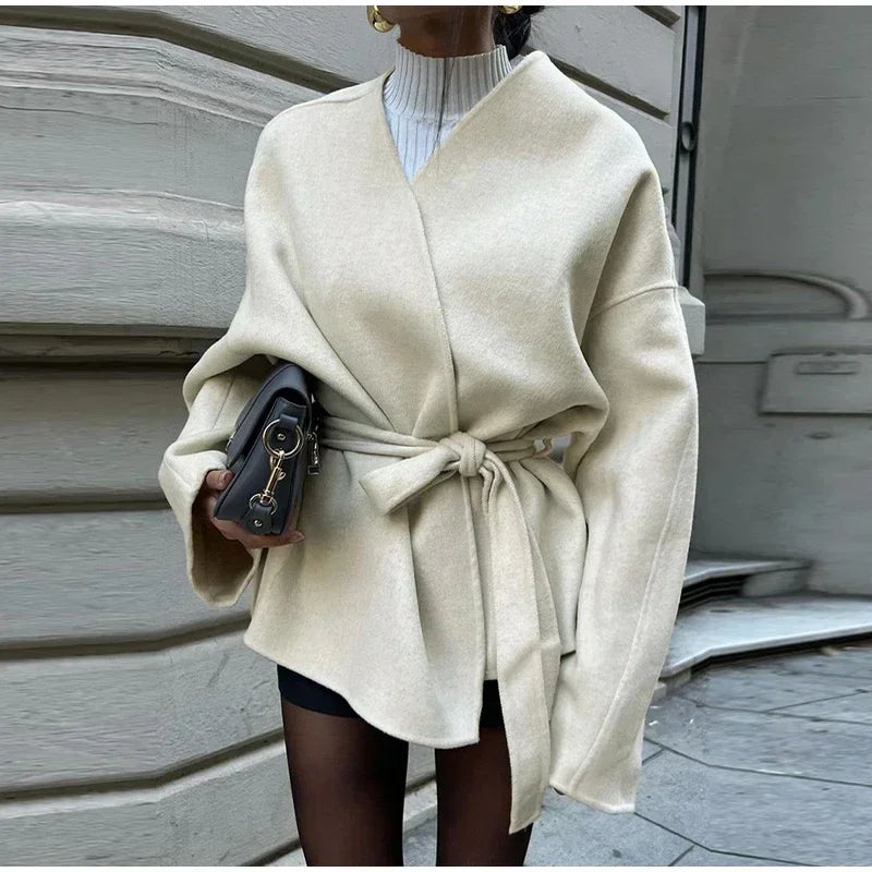 Solid Women's Slim Coat Elegant V-neck Belts Chic Long Sleeve Jacket Casual 2024 Autumn Lady Office Street Lady Outerwear Tops