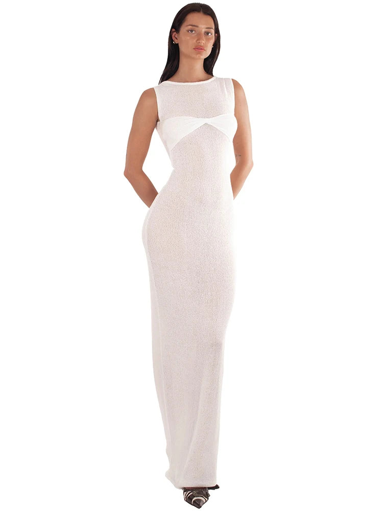 Knitted Round Neck Ruched Maxi Dress