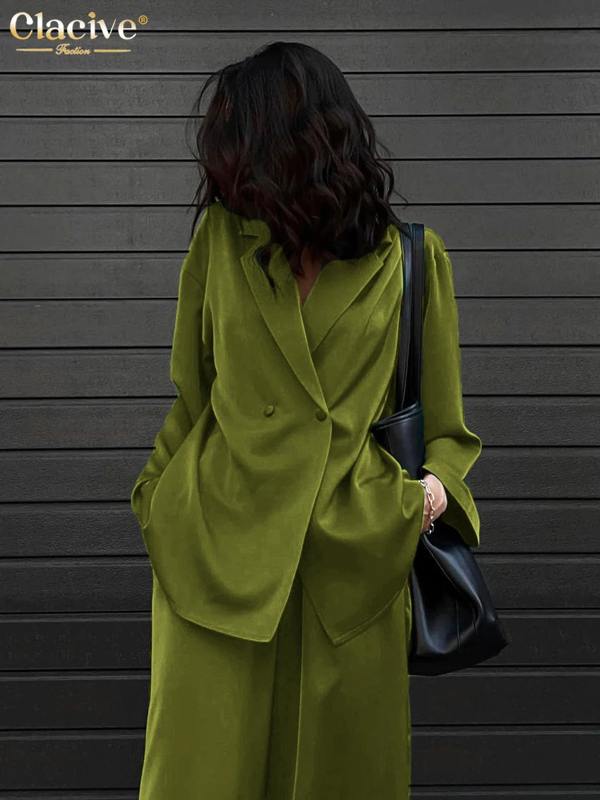 Clacive Fashion Long Sleeve Blazer Two Piece Sets Women Outifits Casual Loose Office Pants Set Elegant Green Satin Trouser Suits