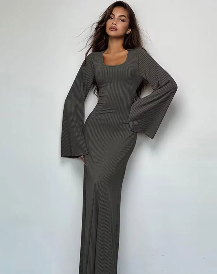 Dulzura Solid Ribbed Trumpet Sleeves Maxi Dress Back Lace-Up Straps Elegant Casual 2023 Autumn Winter For Women Birthday