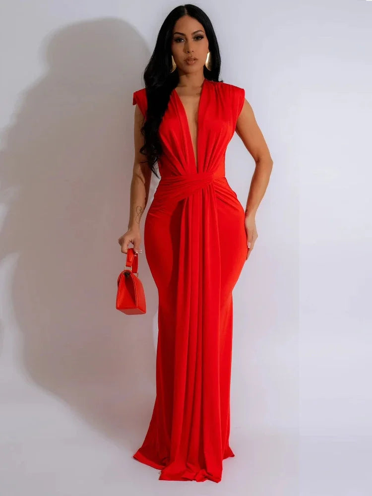 Elegant Ruched Bodycon Maxi Dresses for Women Birthday Night Party Evening Prom Deep V-neck Sheath Celebrity Formal Long Dress