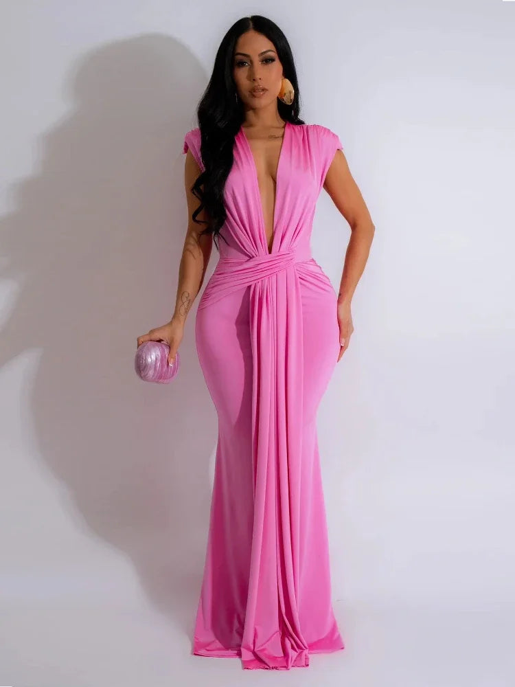 Elegant Ruched Bodycon Maxi Dresses for Women Birthday Night Party Evening Prom Deep V-neck Sheath Celebrity Formal Long Dress