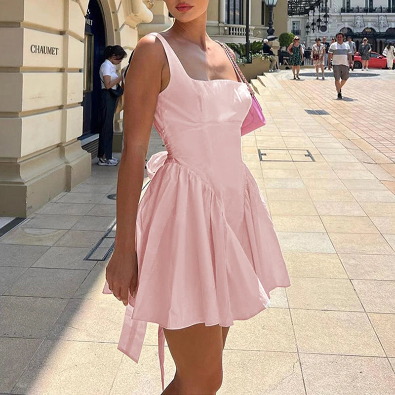 HEYounGIRL Women Sexy Backless Short Dress High Street Elegant Female Square Collar Sleeveless Dresses Holiday Style Outfits