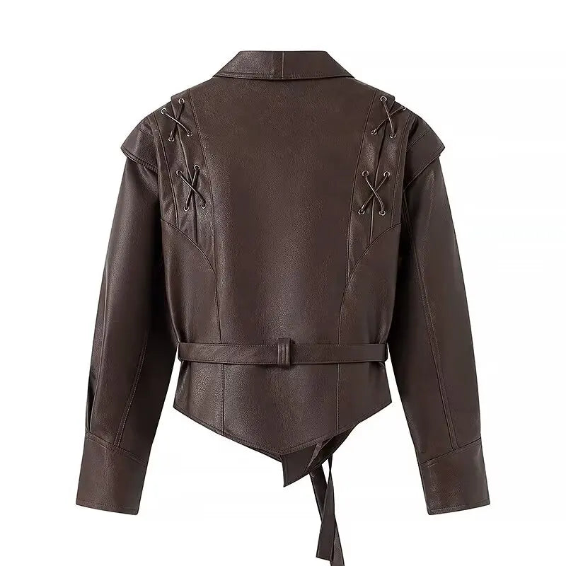 TRAFZA Female Street Leather Jacket 2024 Autumn Women's Versatile Brown Long Sleeves V-neck Single Breasted Lace-up Causal Coats