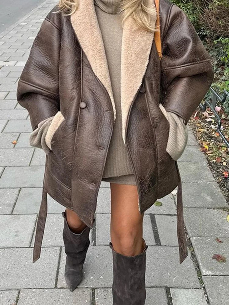 Thick Leather Jacket Women Winter Fashion Plush Single Breasted Turn-down Collar Belts Elegant Coat Female Long Sleeve Overcoat