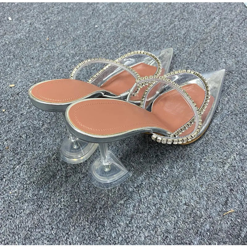 2024 Rhinestones satin Women Pumps Slippers Elegant Pointed toe High heels Lady Mules Sildes Summer Fashion Party prom Shoes