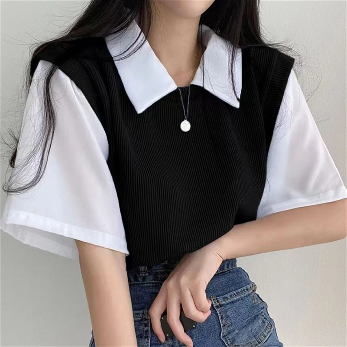 Summer Blouse Women Korean Style False Two-piece Polo Collar Blouses Y2k Tops Streetwear Loose Youth Pullovers Elegant Shirt