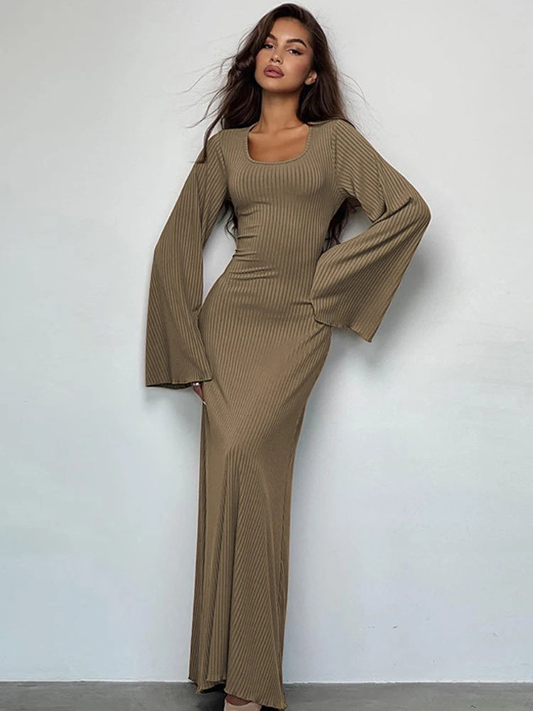 Dulzura Solid Ribbed Trumpet Sleeves Maxi Dress Back Lace-Up Straps Elegant Casual 2023 Autumn Winter For Women Birthday