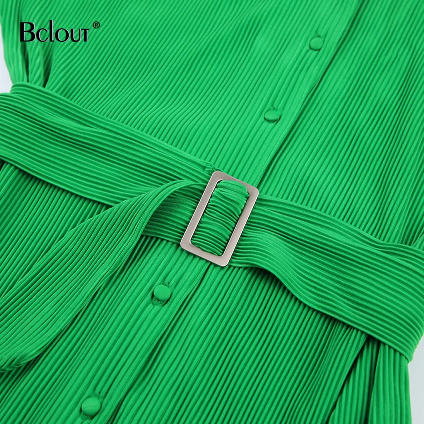 Bclout Green Pleated Sexy Dress Women High Waist Fashion Sashes Shirt Dresses Elegant Party Single Breasted Mini Dress Vintage