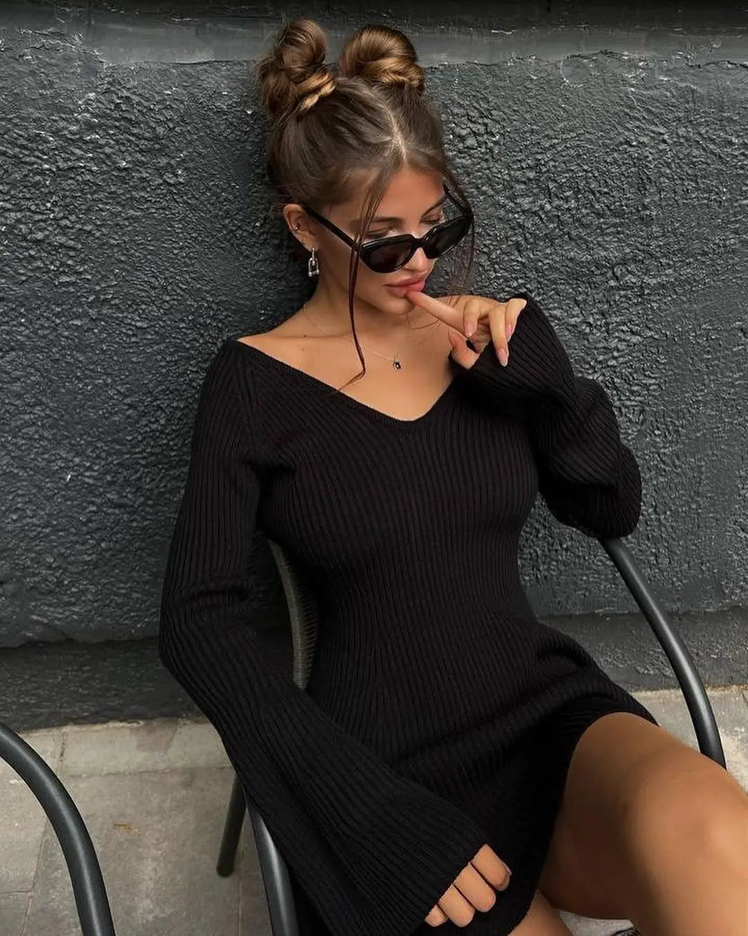 TARUXY Autumn Winter Sweater Dress Sexy Off-Shoulder Women's A-Line Hem Elegant Rib Knit Mini Dresses Long Sleeve Higt Waisted