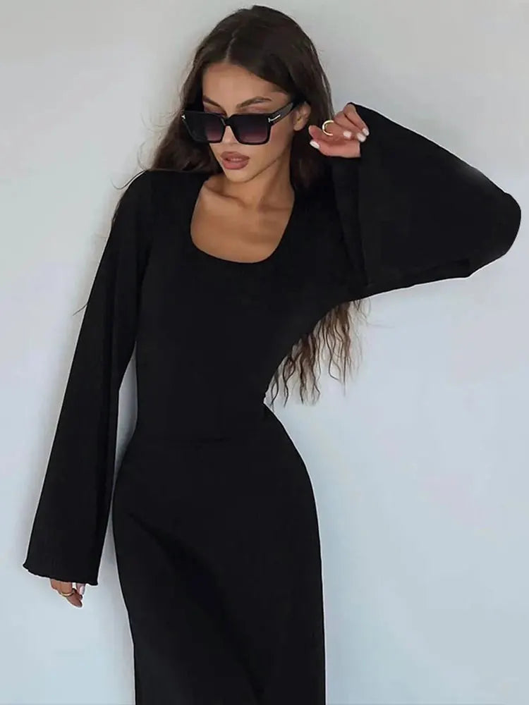 Dulzura Solid Ribbed Trumpet Sleeves Maxi Dress Back Lace-Up Straps Elegant Casual 2023 Autumn Winter For Women Birthday