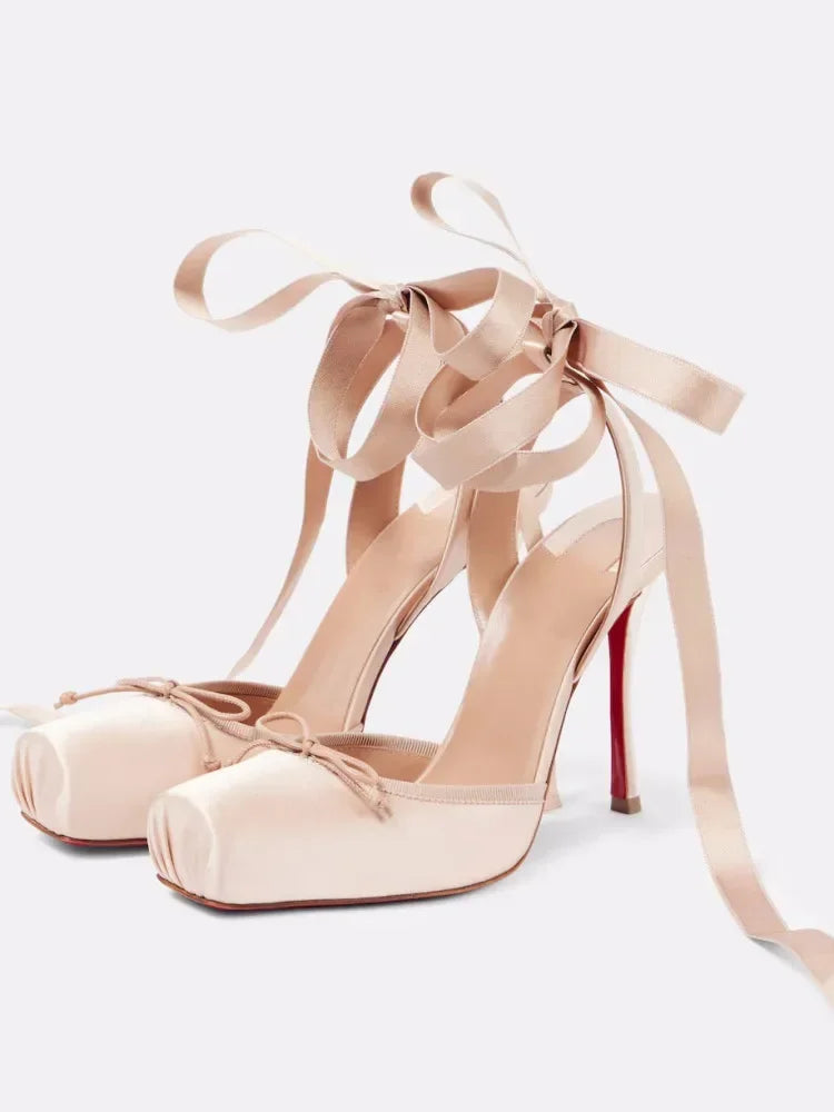 2025 Women's New Summer Square Satin High Heel Sandals with Ankle Strap, Fashionable Party and Banquet Ballet High Heels