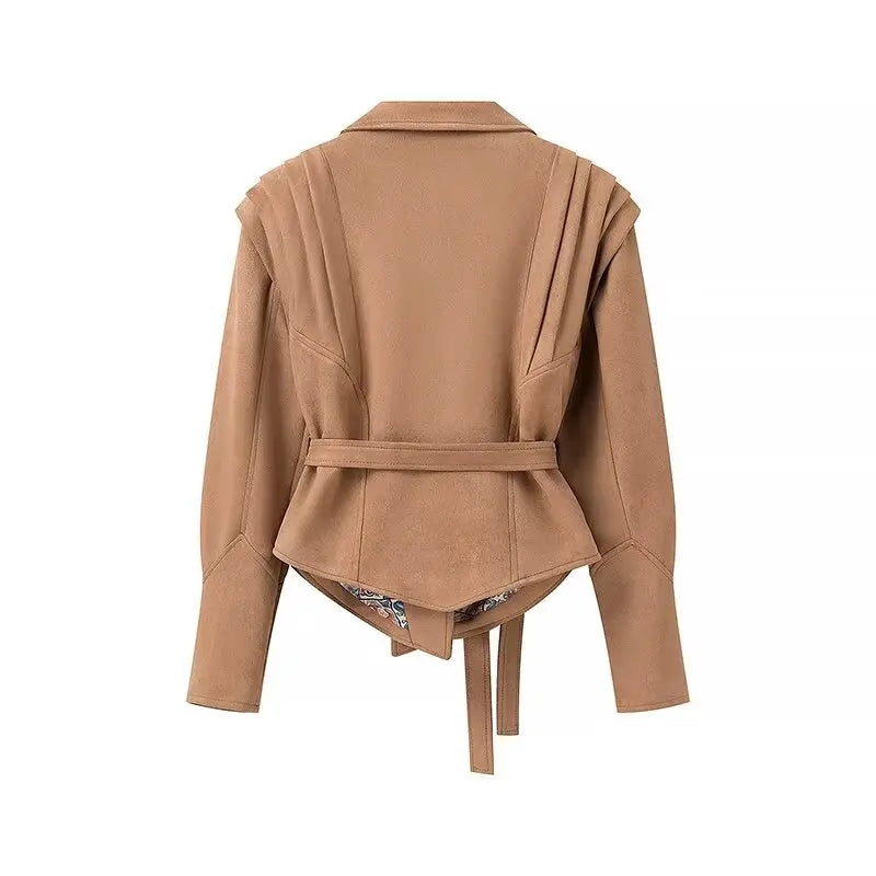 TRAFZA Female Street Leather Jacket 2024 Autumn Women's Versatile Brown Long Sleeves V-neck Single Breasted Lace-up Causal Coats