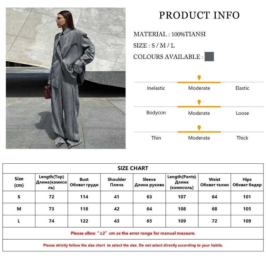 Clacive Fashion Loose Gray 2 Piece Sets Women Outfit 2025 Elegant Long Sleeve Blazer With High Waist Wide Pants Set Female