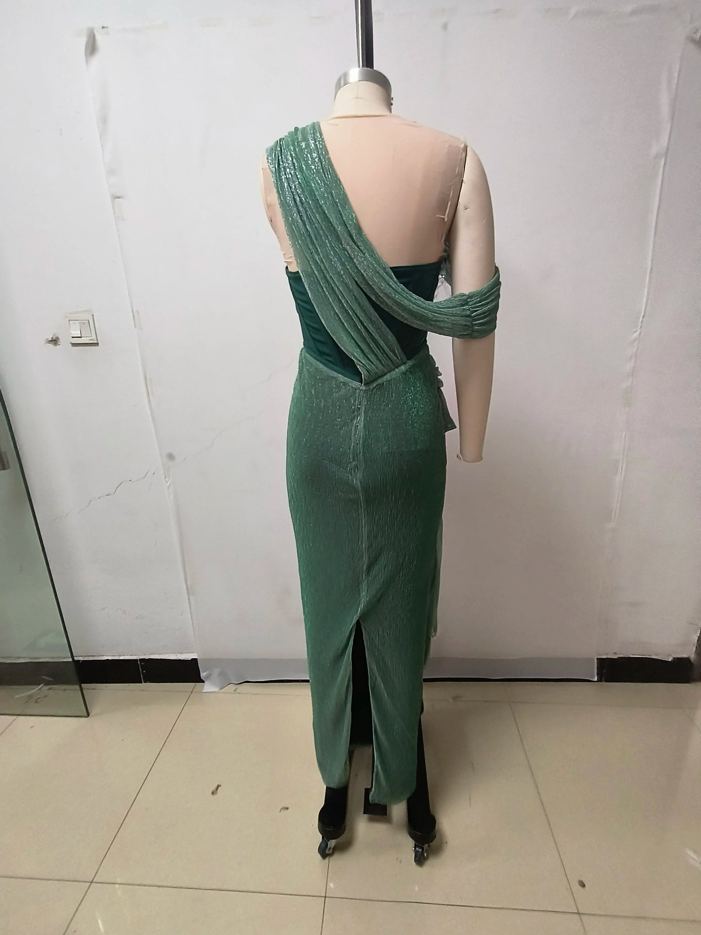 Women Elegant Luxury Gala Dress Sparky Green Patchwork Strapless Strap Twist Ankle Length Birthday Celebrity Evening Party Dress