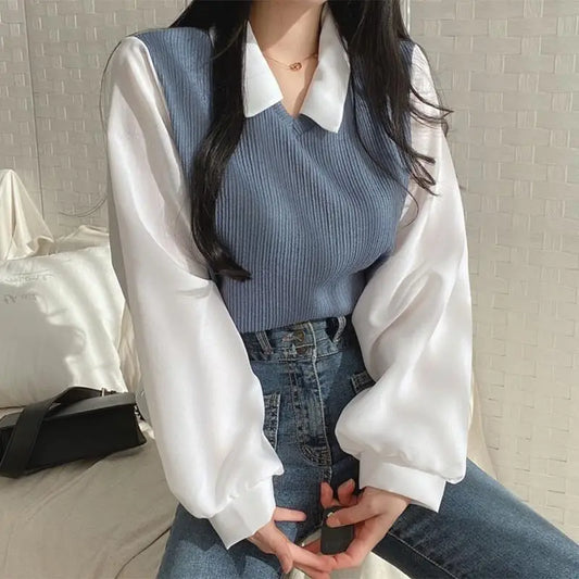 Summer Blouse Women Korean Style False Two-piece Polo Collar Blouses Y2k Tops Streetwear Loose Youth Pullovers Elegant Shirt