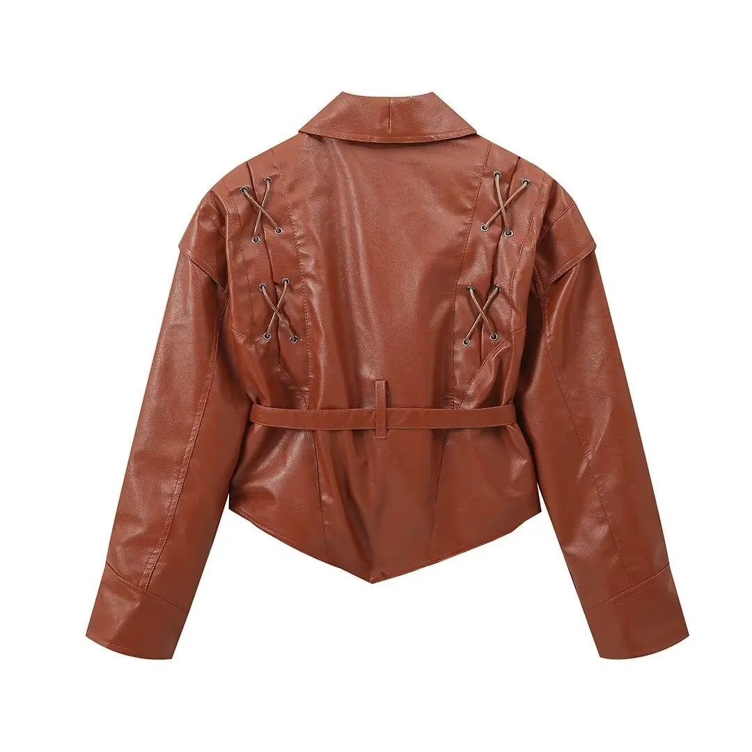 TRAFZA Female Street Leather Jacket 2024 Autumn Women's Versatile Brown Long Sleeves V-neck Single Breasted Lace-up Causal Coats