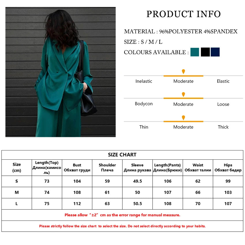 Clacive Fashion Long Sleeve Blazer Two Piece Sets Women Outifits Casual Loose Office Pants Set Elegant Green Satin Trouser Suits