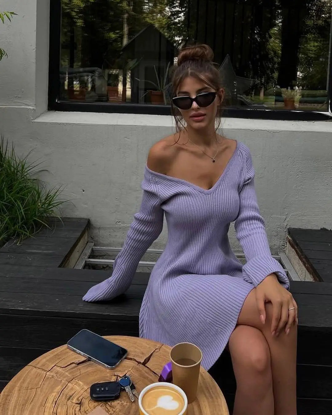 TARUXY Autumn Winter Sweater Dress Sexy Off-Shoulder Women's A-Line Hem Elegant Rib Knit Mini Dresses Long Sleeve Higt Waisted