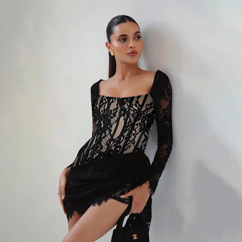 Black Lace Draped Dress