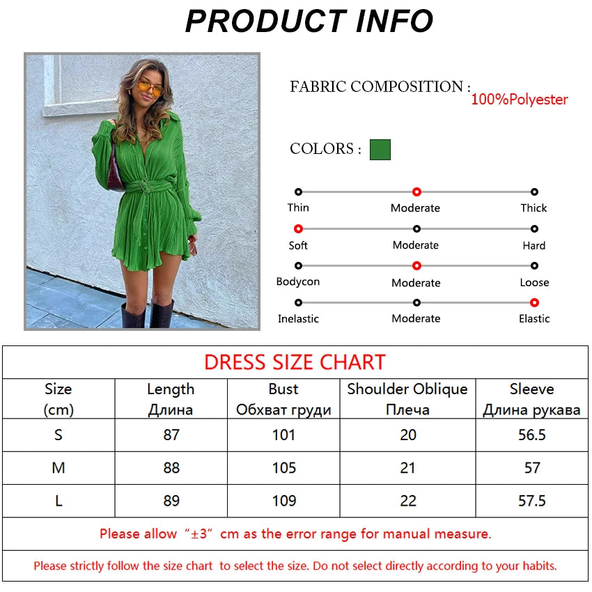 Bclout Green Pleated Sexy Dress Women High Waist Fashion Sashes Shirt Dresses Elegant Party Single Breasted Mini Dress Vintage